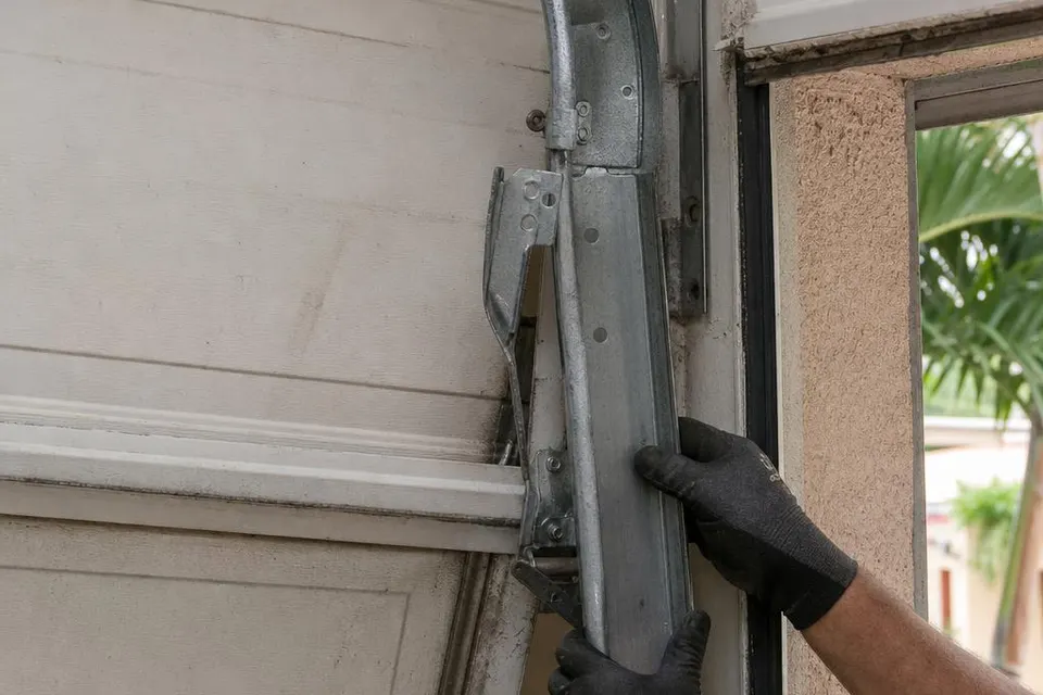 Technician examining a garage door roller that has slipped from its track