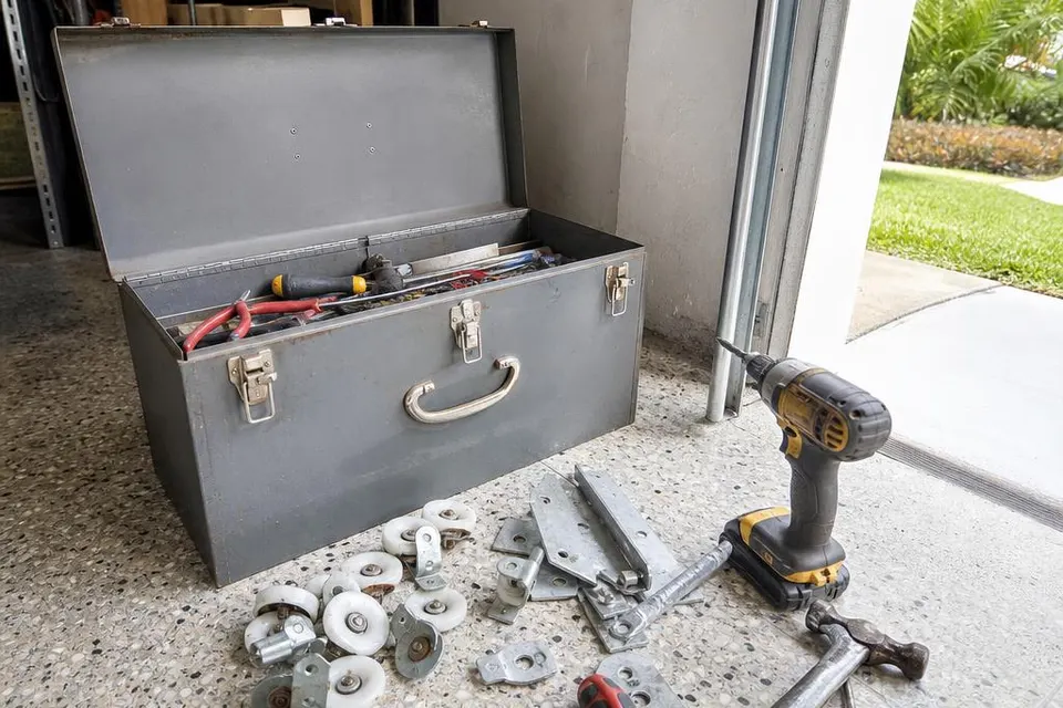 Garage door repair tools, replacement rollers, and hinges