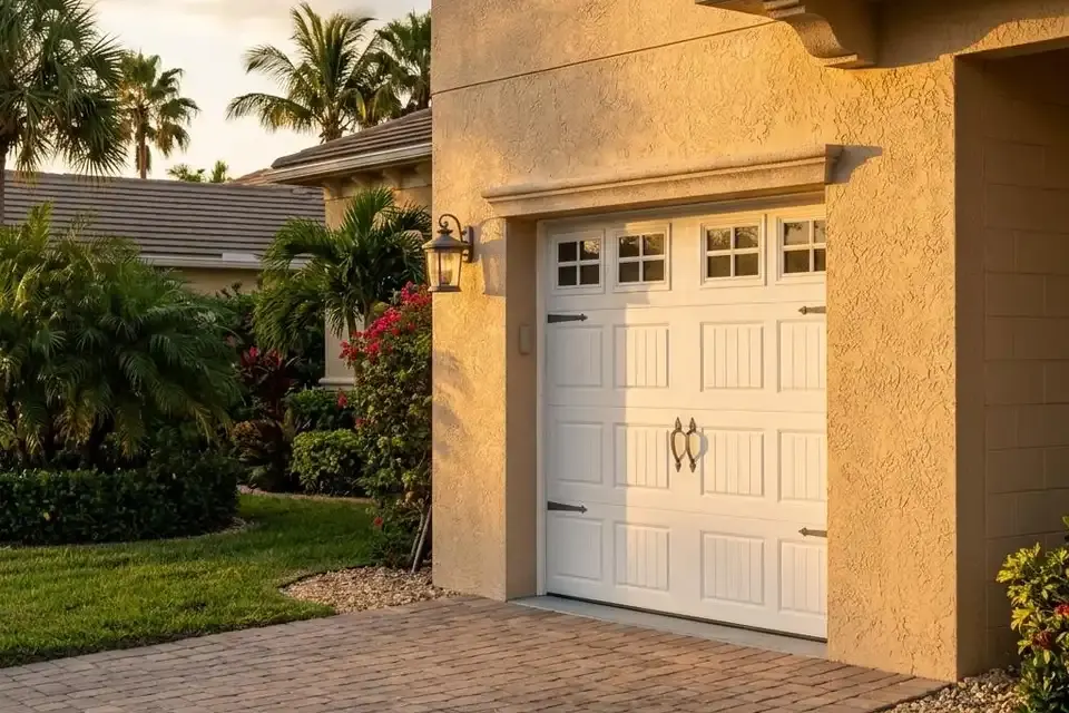 Residential garage door on a stucco home in Fort Lauderdale