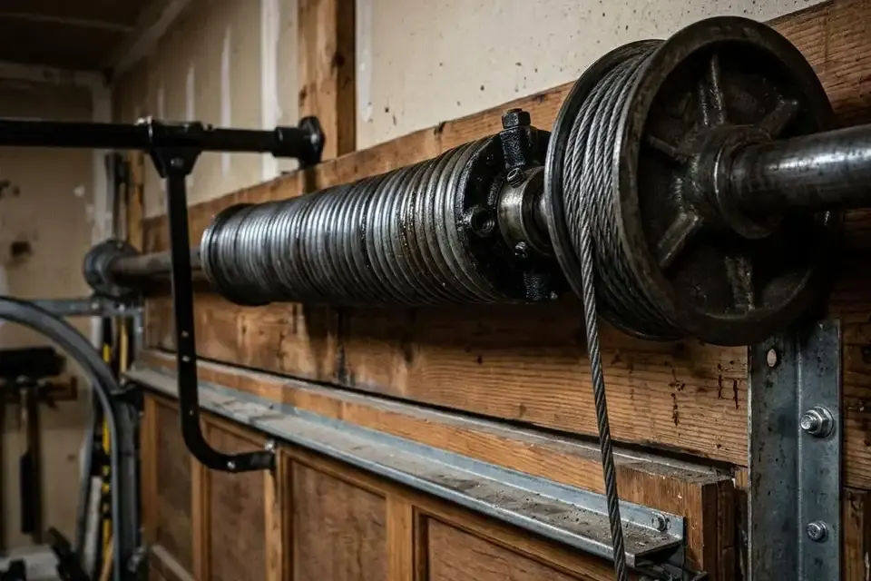Garage door torsion springs and lift hardware above a residential door